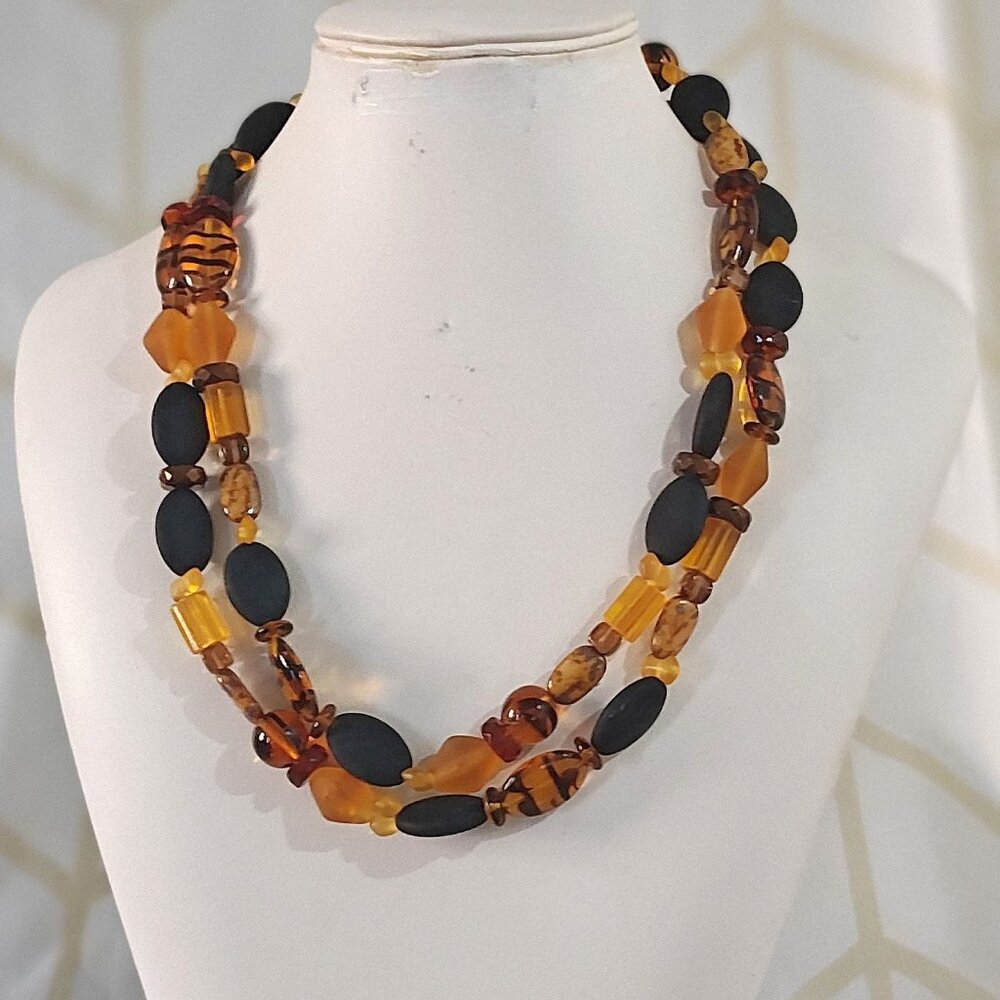 Vintage Wendy Gell 40-Inch Long Art Glass Amber, Swirled, Black Beaded Necklace